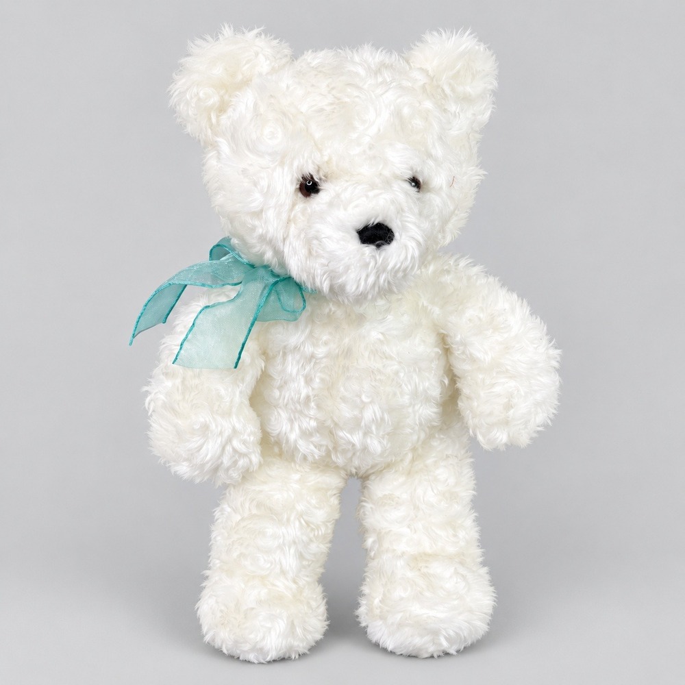 Vintage GUND White Teddy Bear 15in Curly Plush Aqua Ribbon Stuffed Animal